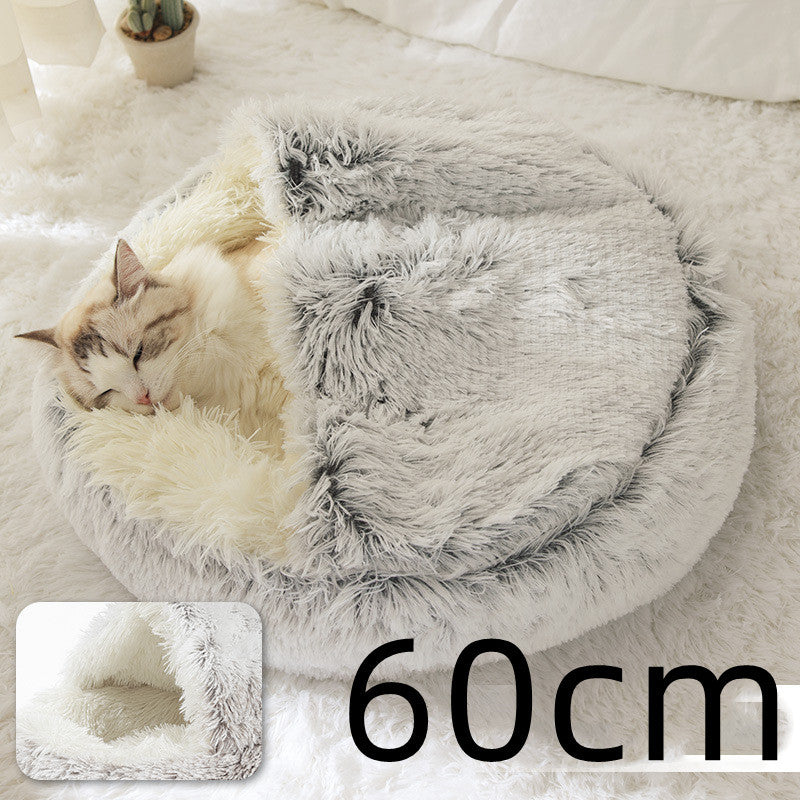 Lit 2 en 1 pour chien et chat - Lit d'hiver rond en peluche chaud pour animaux de compagnie - Lit doux et long en peluche pour animaux de compagnie